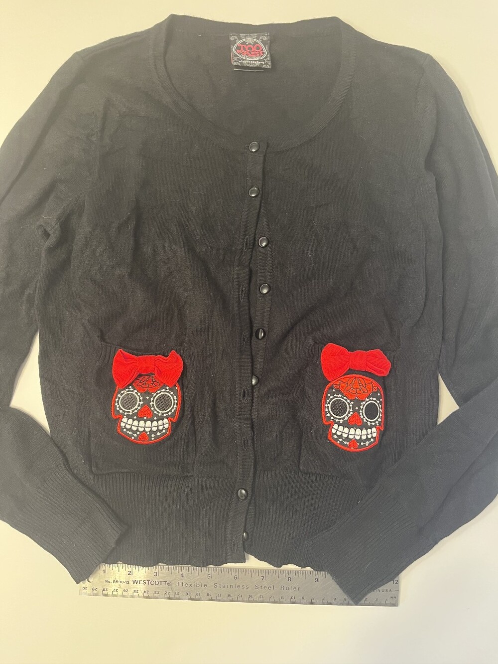 Black Sweater Cardigan with Red Sugar Skull Patches